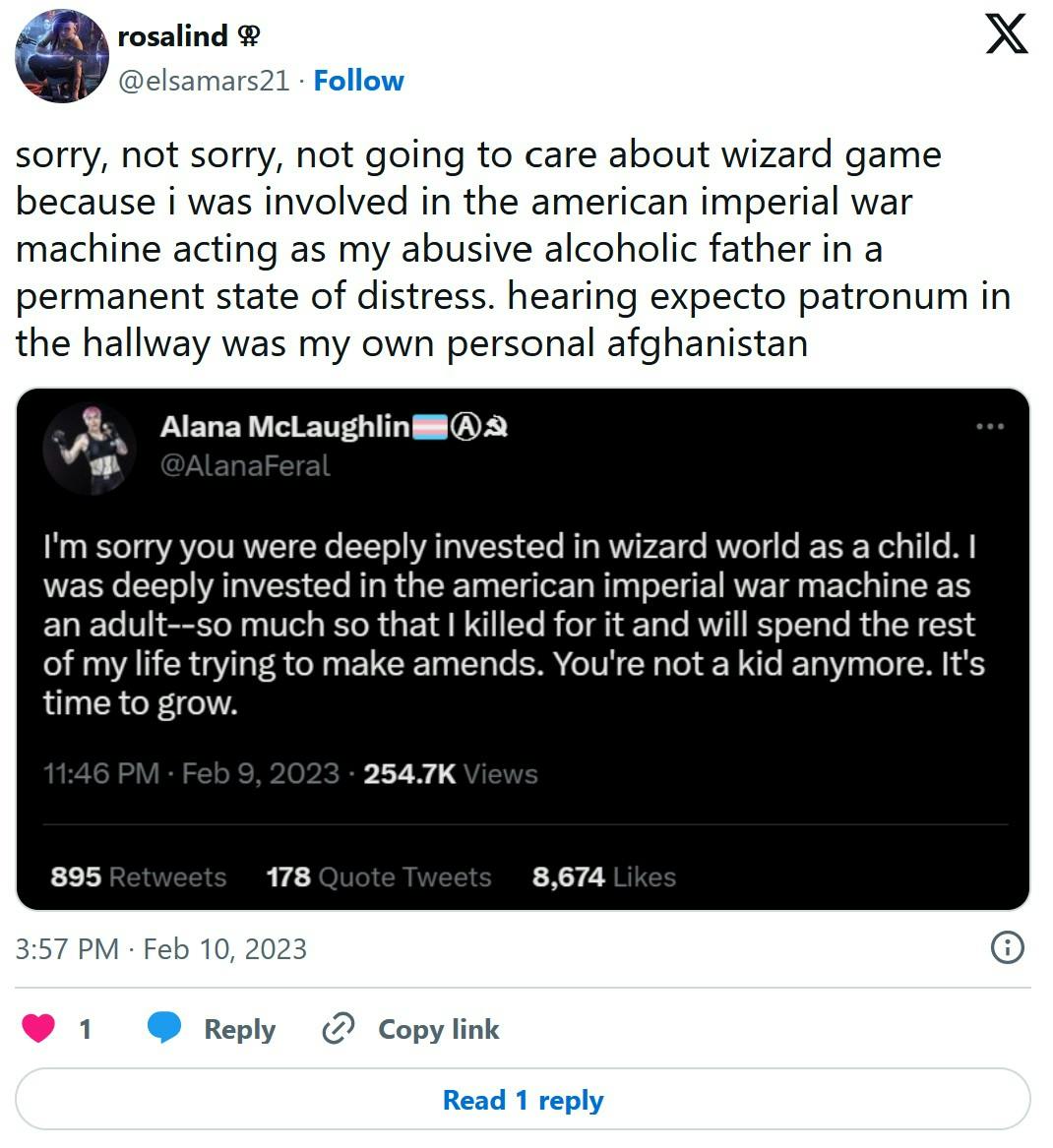 sorry, not sorry, not going to care about wizard game because i was involved in the american imperial war machine acting as my abusive alcoholic father in a permanent state of distress. hearing expecto patronum in the hallway was my own personal afghanistan