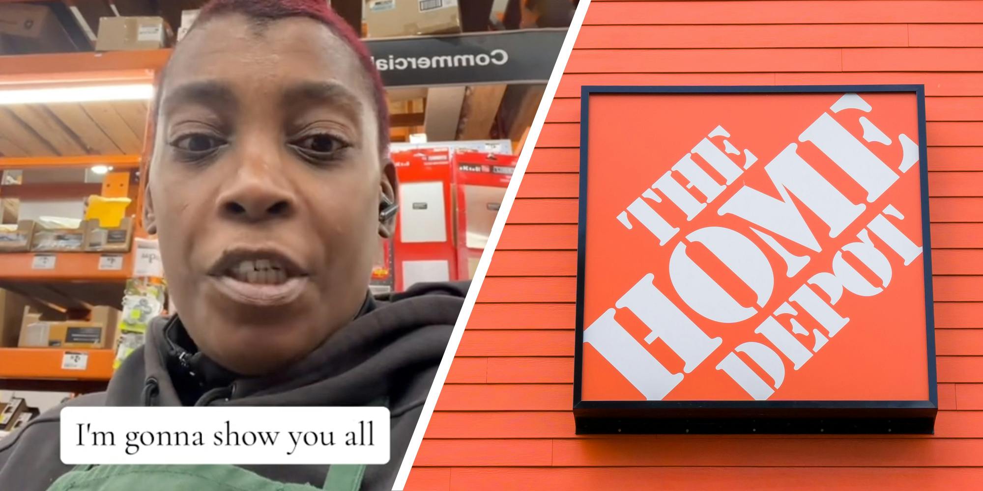 Person talking "I'm gonna show you all"(l), Home Depot sign(r)