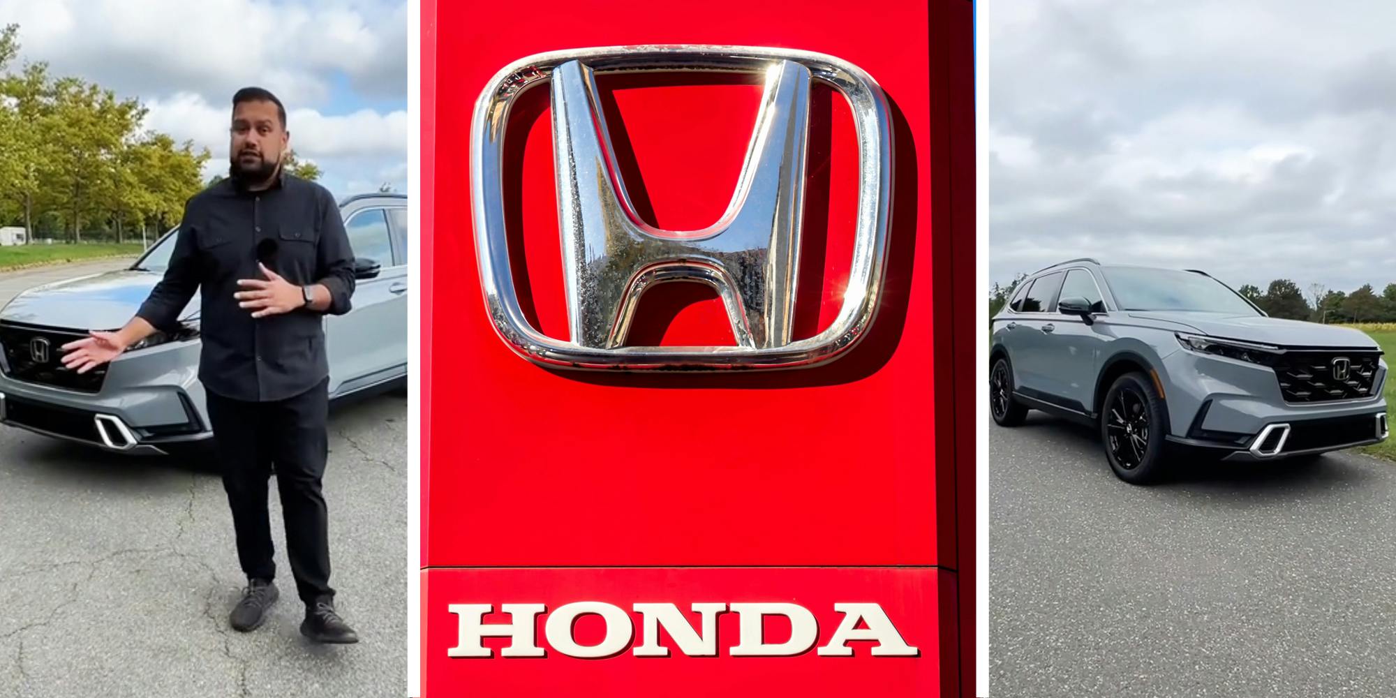 Man in front of car(l), Honda logo(c), Honda CRV(r)