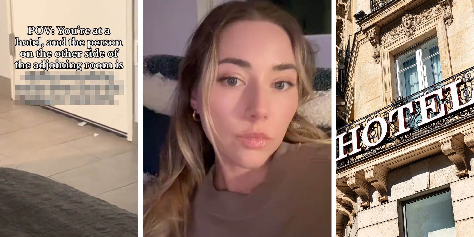 Hotel adjoining room door with text 'POV: you're at a hotel, and the person on the other side of the adjoining room is 'Redacted text'(l) Woman talking(c), Hotel(r)