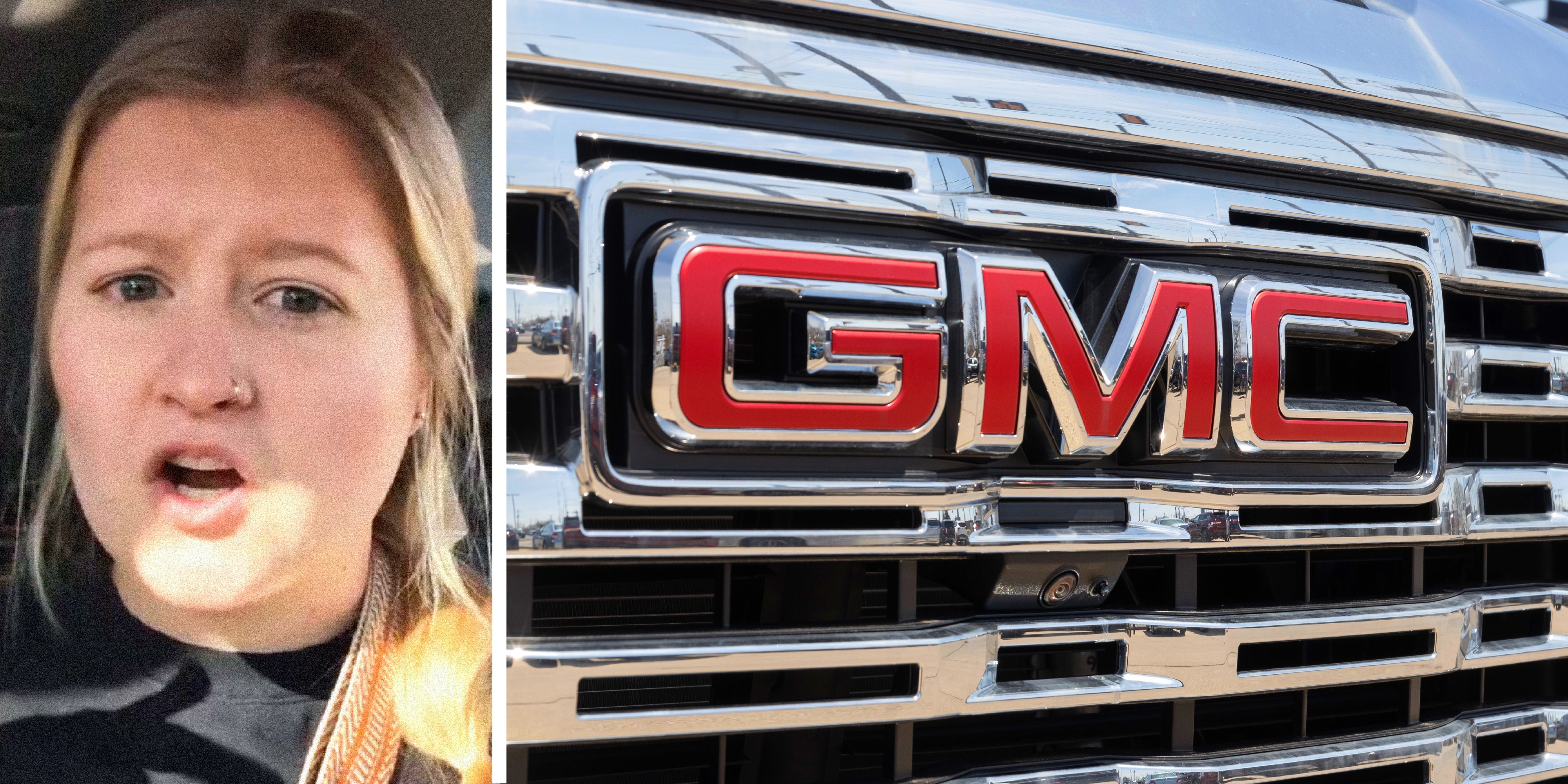 2 panel image: on the left a person explains and on the right we see the logo on the front of a GMC vehicle.