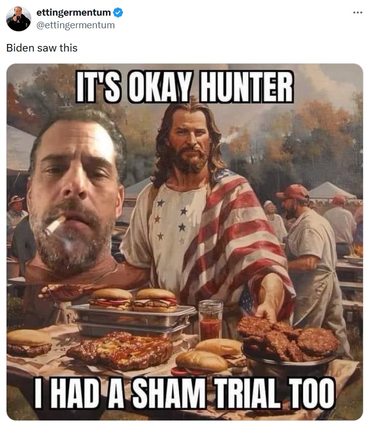 Hunter Biden Pardon meme with an AI image of Jesus at a cookout.