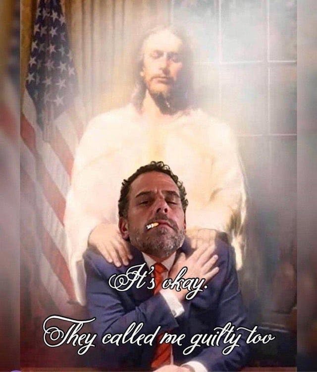 Hunter Biden Pardon meme editing him into the image of Jesus putting his hands on Donald Trump's shoulders.