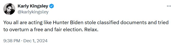 Tweet reading 'You all are acting like Hunter Biden stole classified documents and tried to overturn a free and fair election. Relax.'