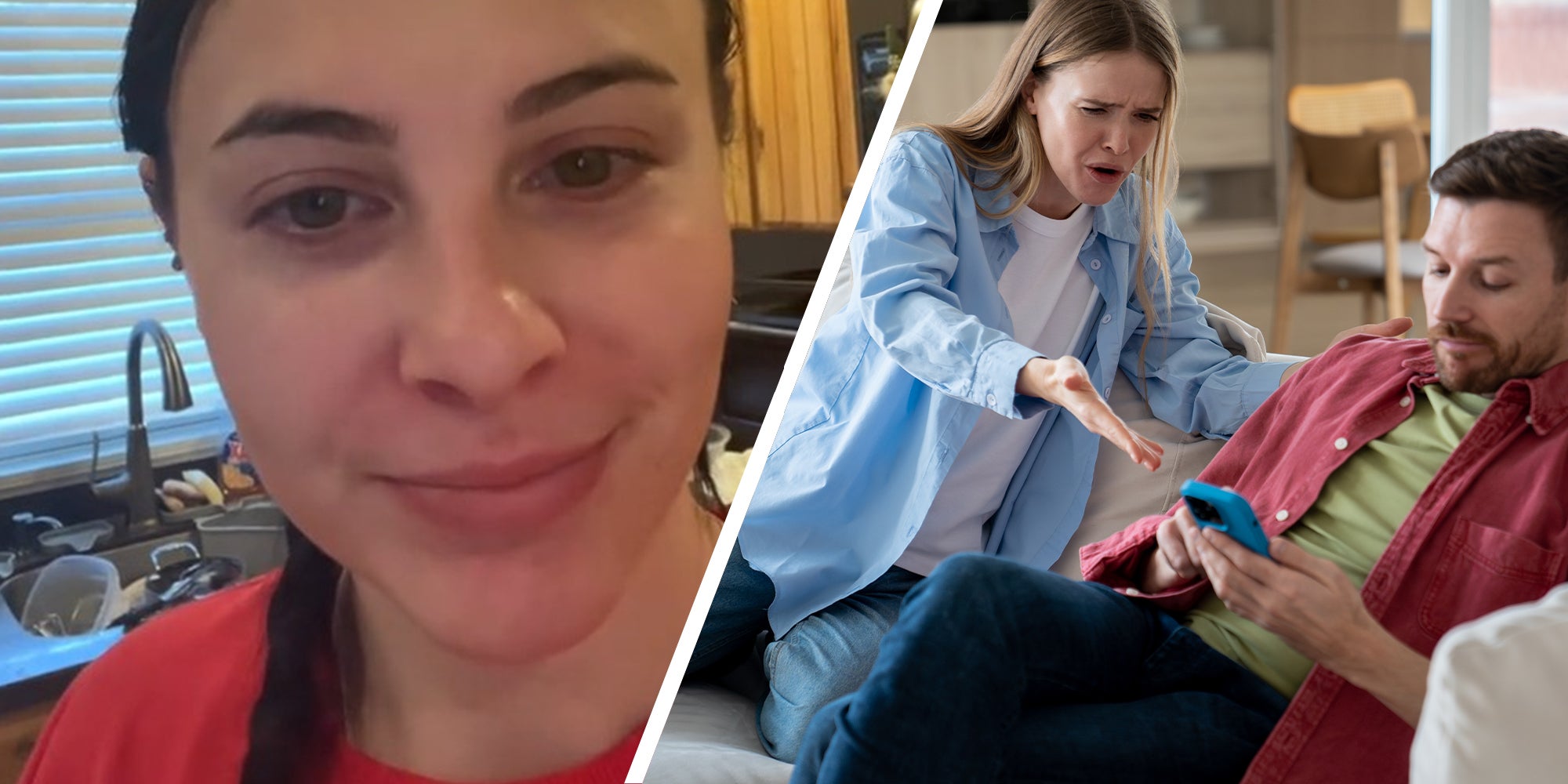 woman smiling(l) Woman annoyed at man holding phone(c)