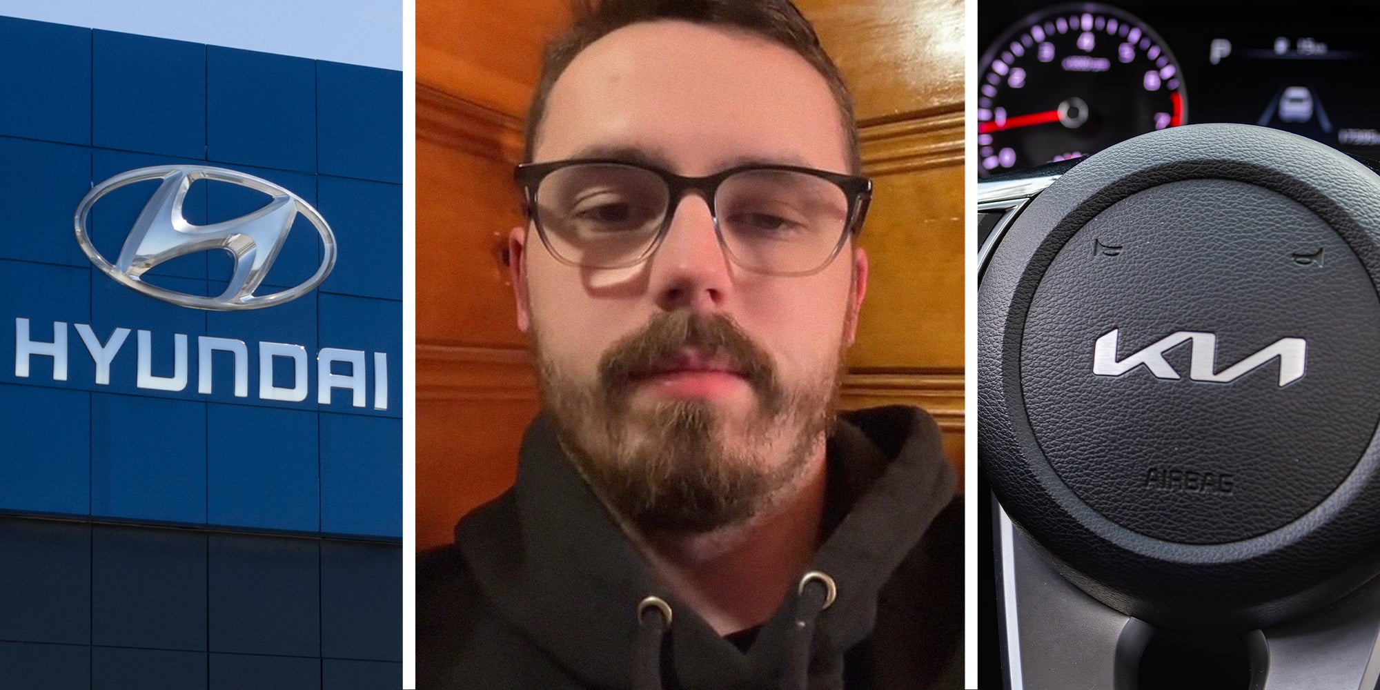 Hyundai Sign on Building(l) Man shares warning over Kia and Hyundai Brand Cars(c) Kia Logo on Steering wheel(r)