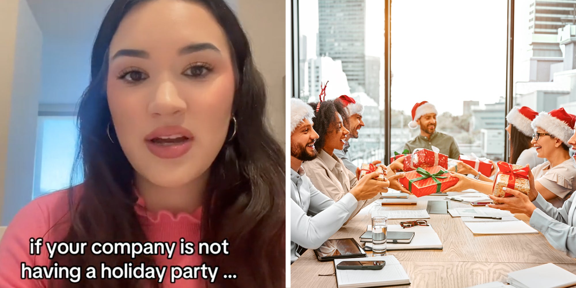 Woman talking(l), Office holiday party(r)