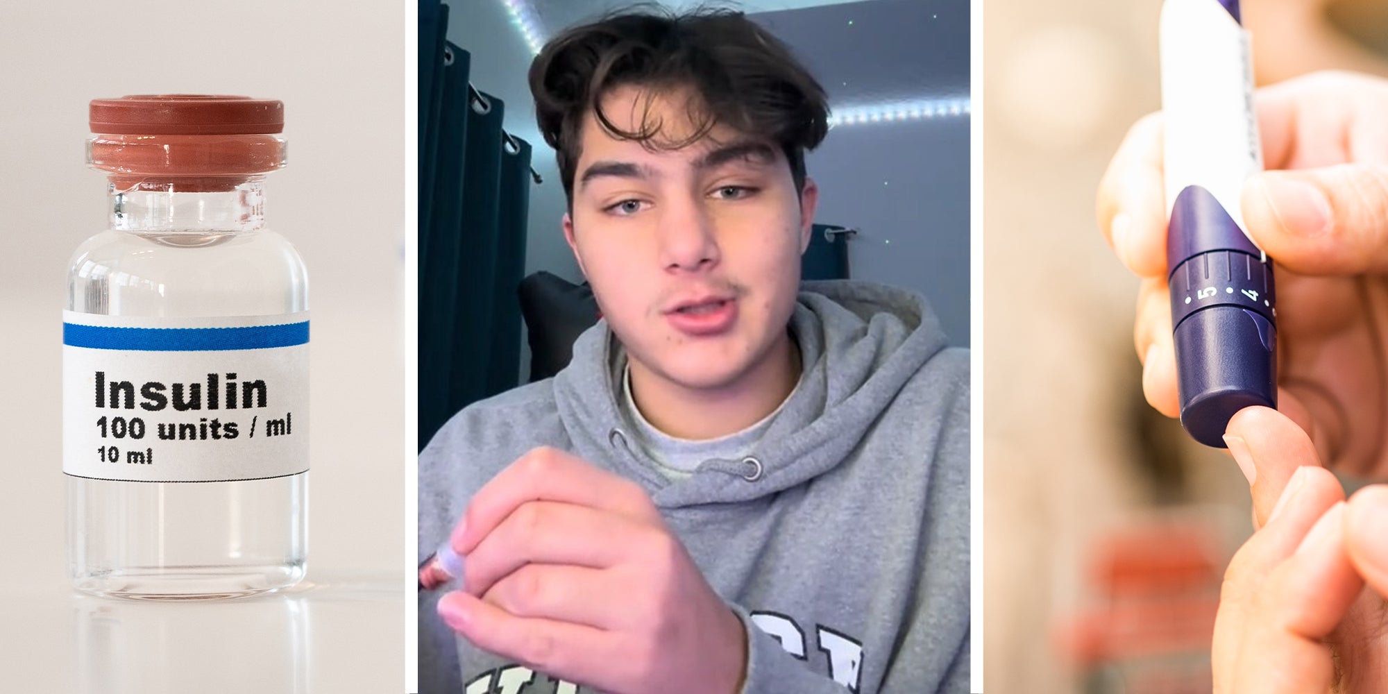 Insulin(l) Man shares insulin trick(c) Close up of woman hands using lancet on finger to check blood sugar level by Glucose meter (r)