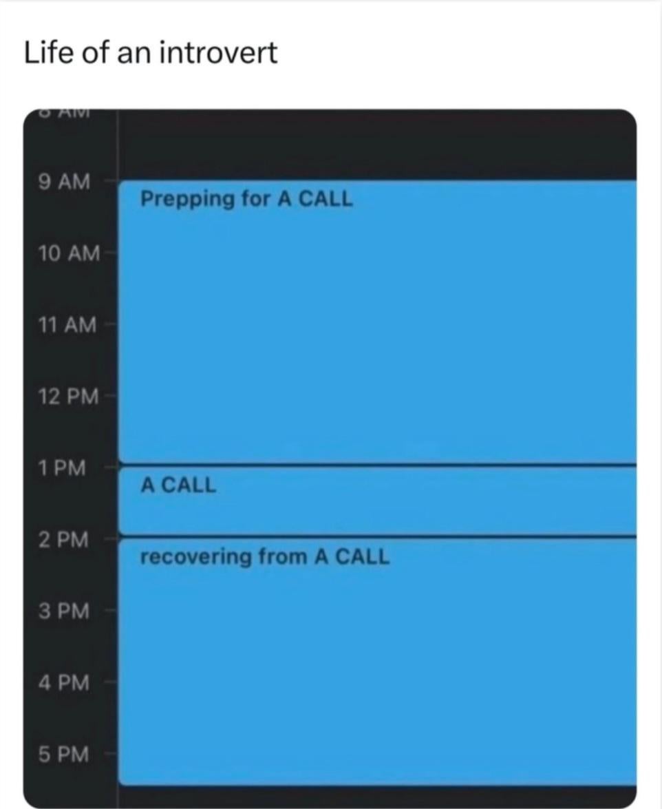 Introvert meme of the life of an introvert. The calendar is filled with 'prepping for A CALL / A CALL / and recovering from A CALL.'