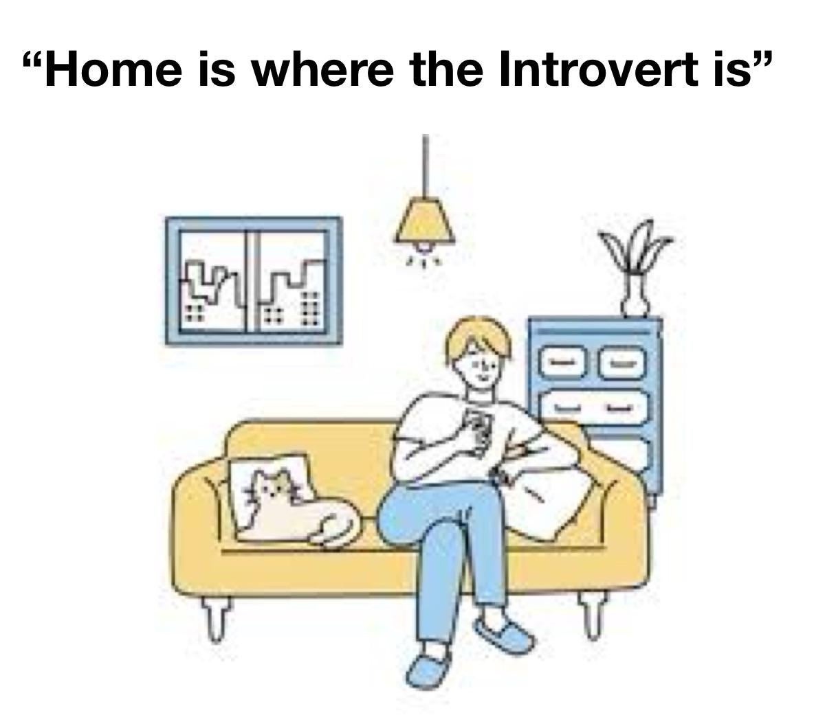 Introvert meme of a person on a sofa with a cat. Text reads, 'Home is where the Introvert is.'