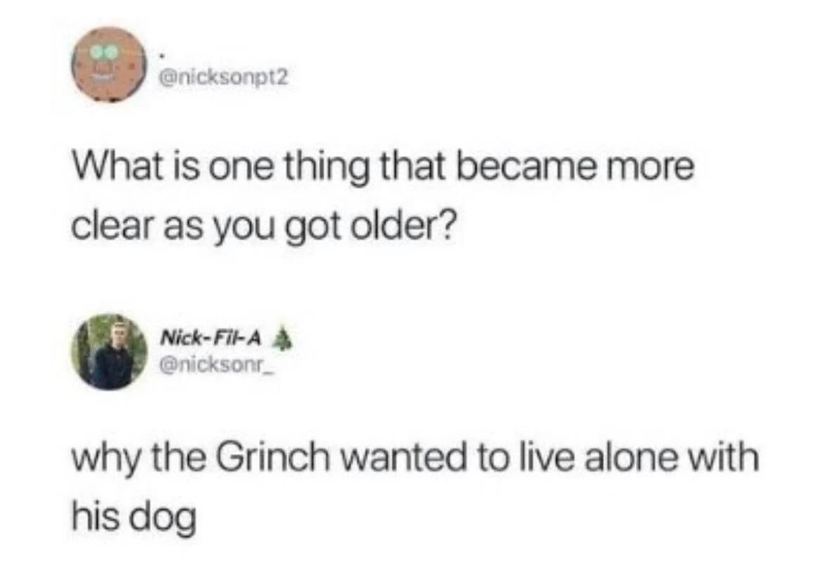 Introvert meme with two messages. First says, 'What is one thing that became more clear as you got older?' and the second says, 'why the Grinch wanted to live alone with his dog.'