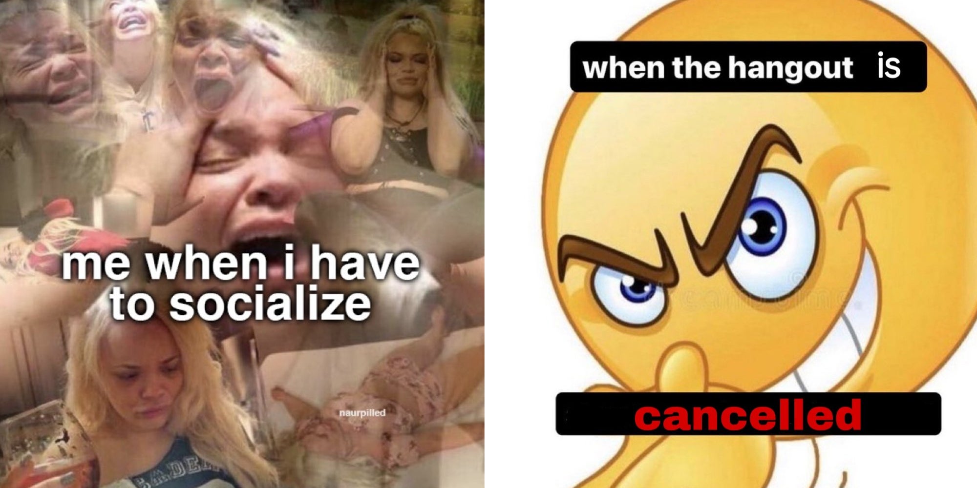 Trisha Paytas 'me when I have to socialize' meme(l), Smiling emoji with text 'when the hangout is cancelled'(r)
