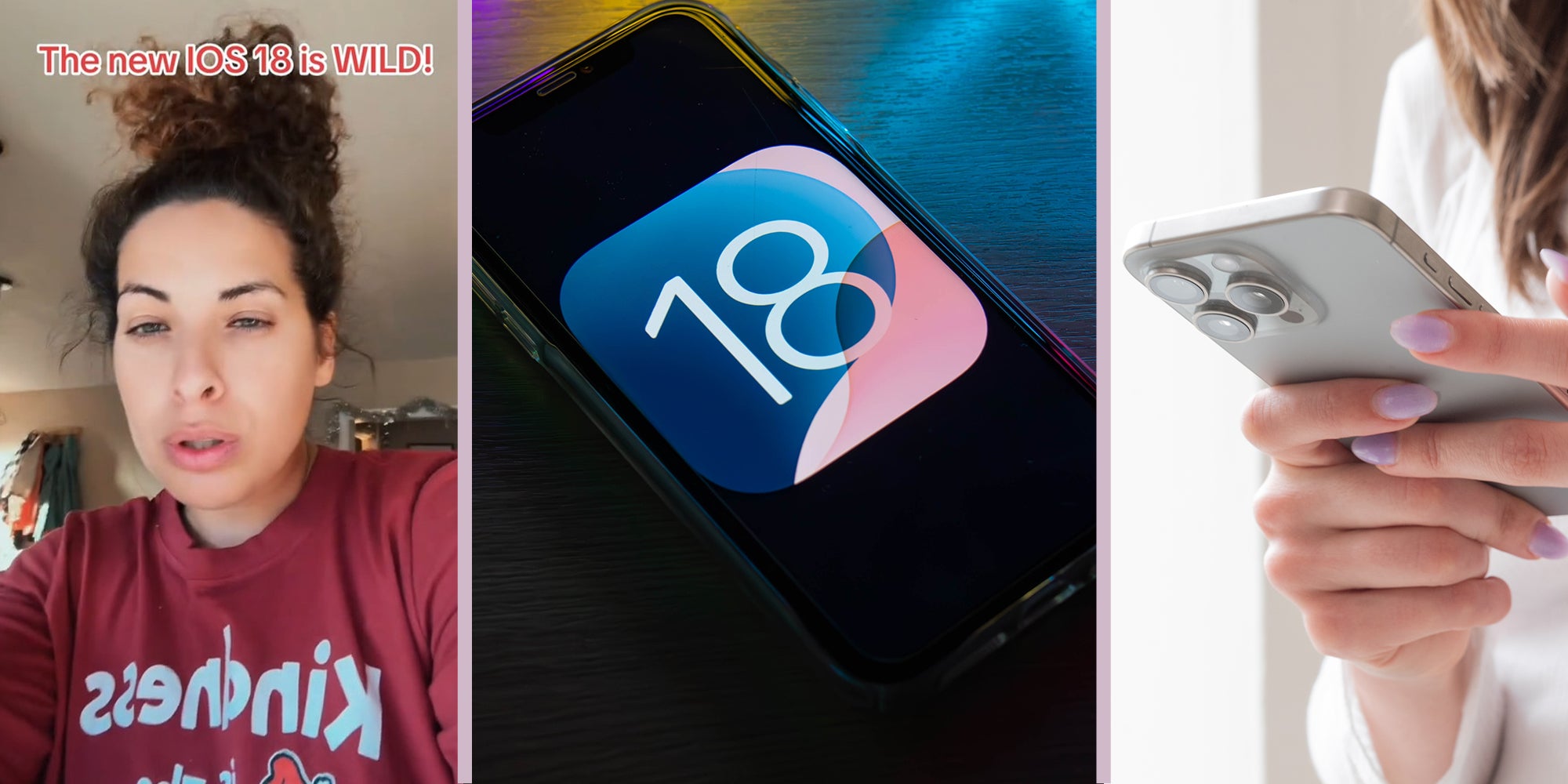 Woman sharing new ios 18 update(l) 18 on Phone Display(c) Woman holding iphone(r)