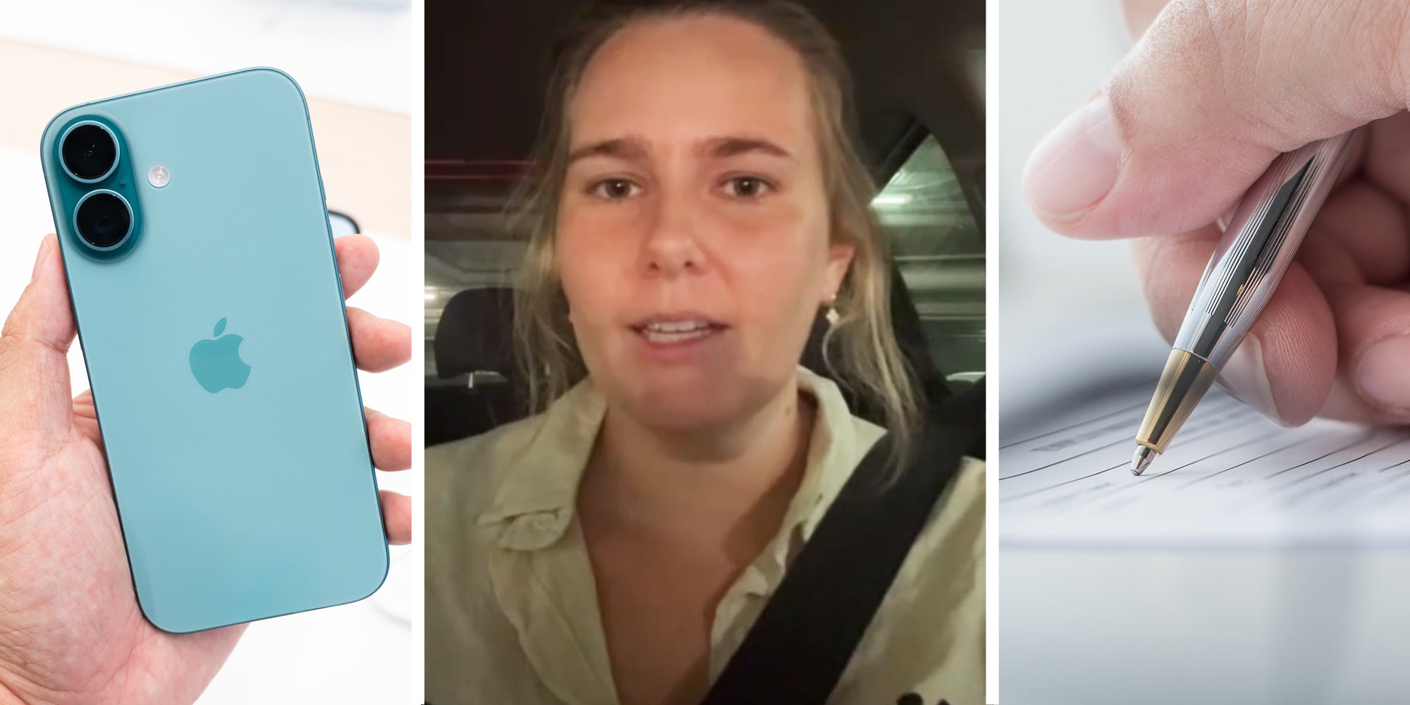 Hand holding iphone16(l), Woman talking(c), Hand holding pen signing document(r)