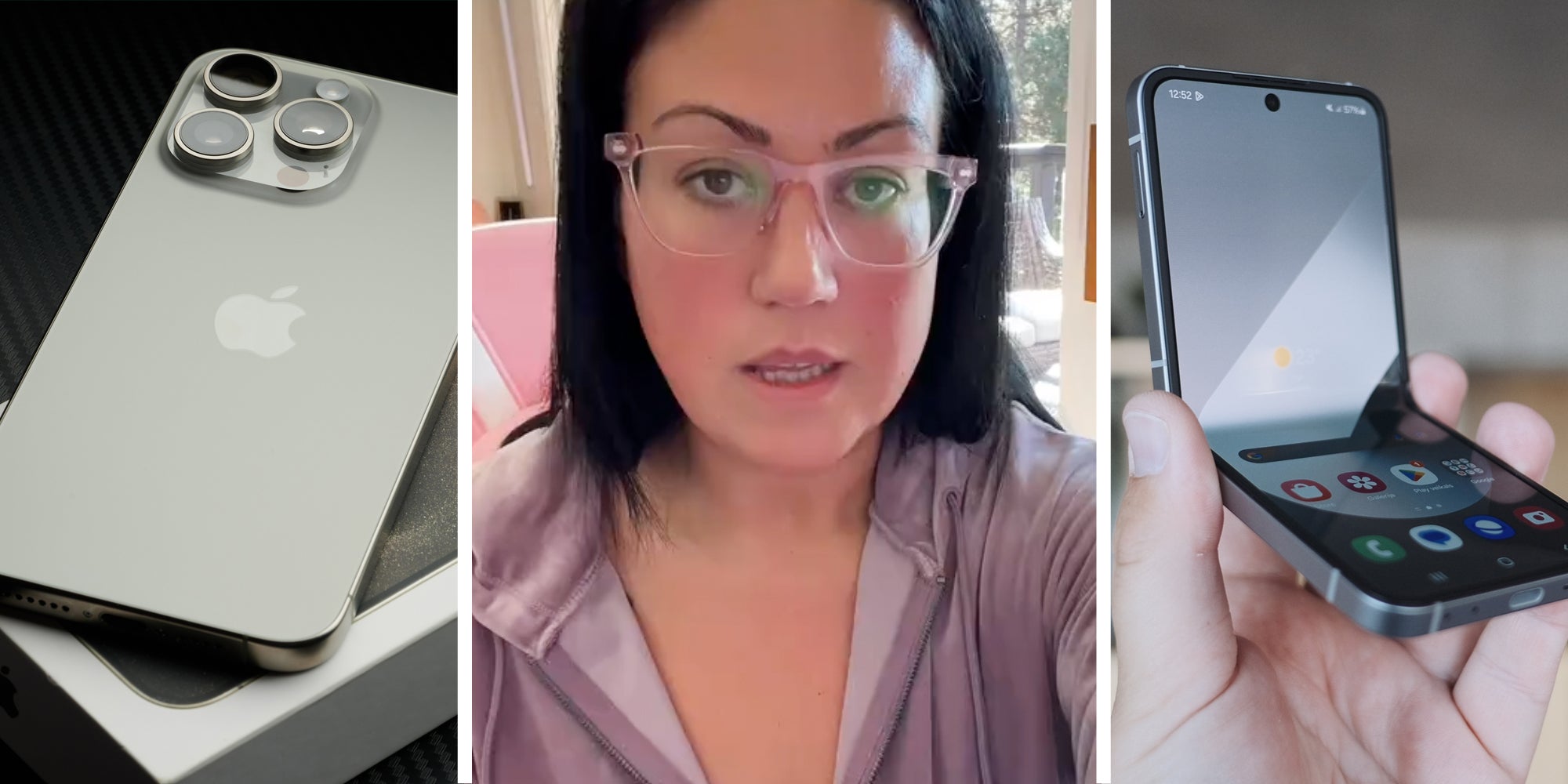 Iphone(l), Woman talking(c), samsung Galaxy Z Flip 6 (r)