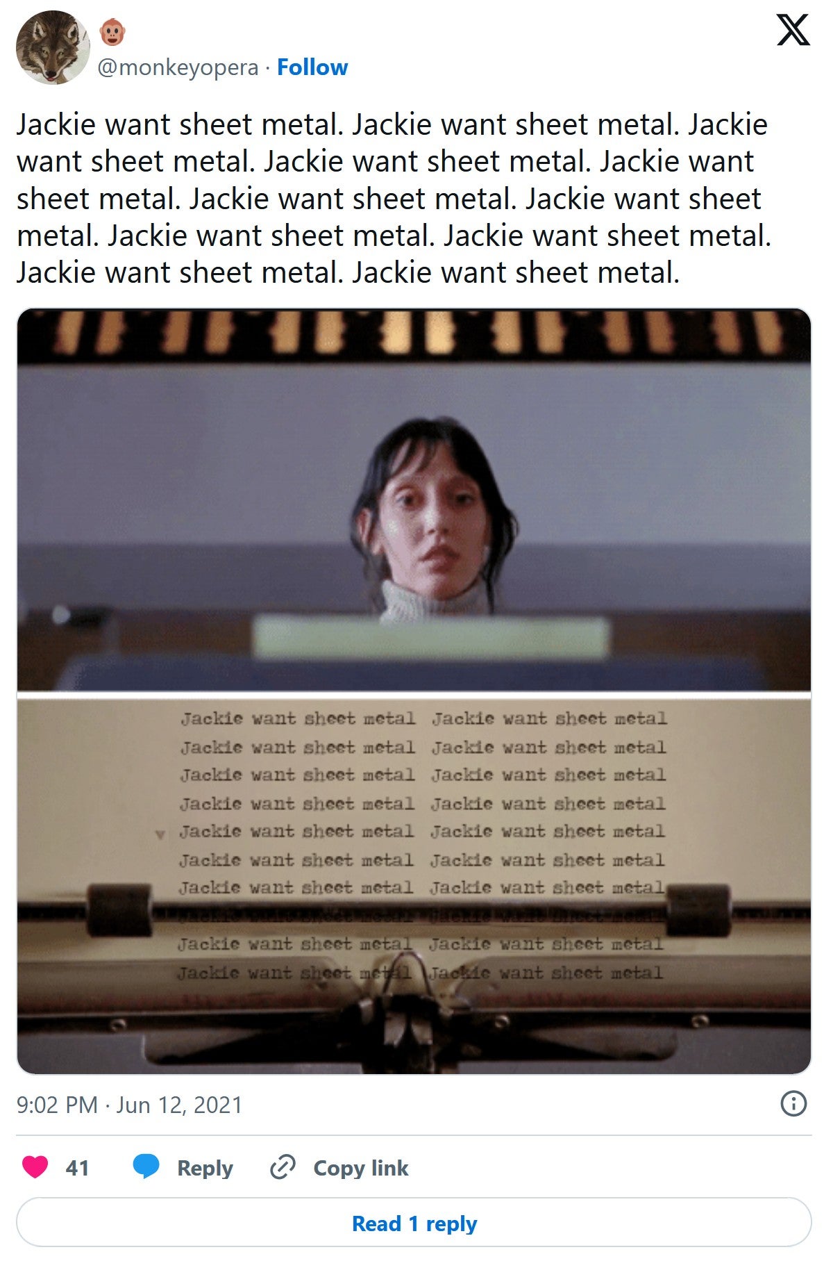 jackie want sheet metal the shining