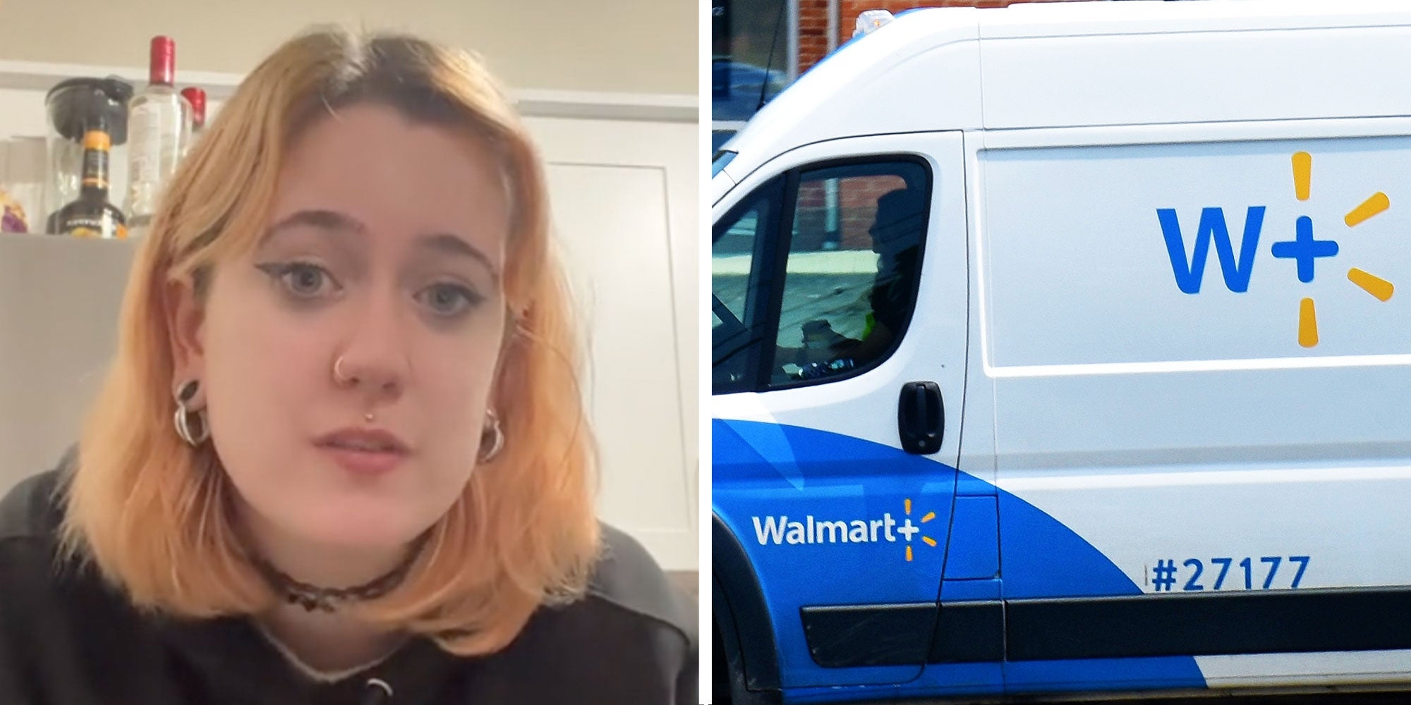 Two panel design with a woman talking at the camera in one, next to an image of a Walmart Delivery truck