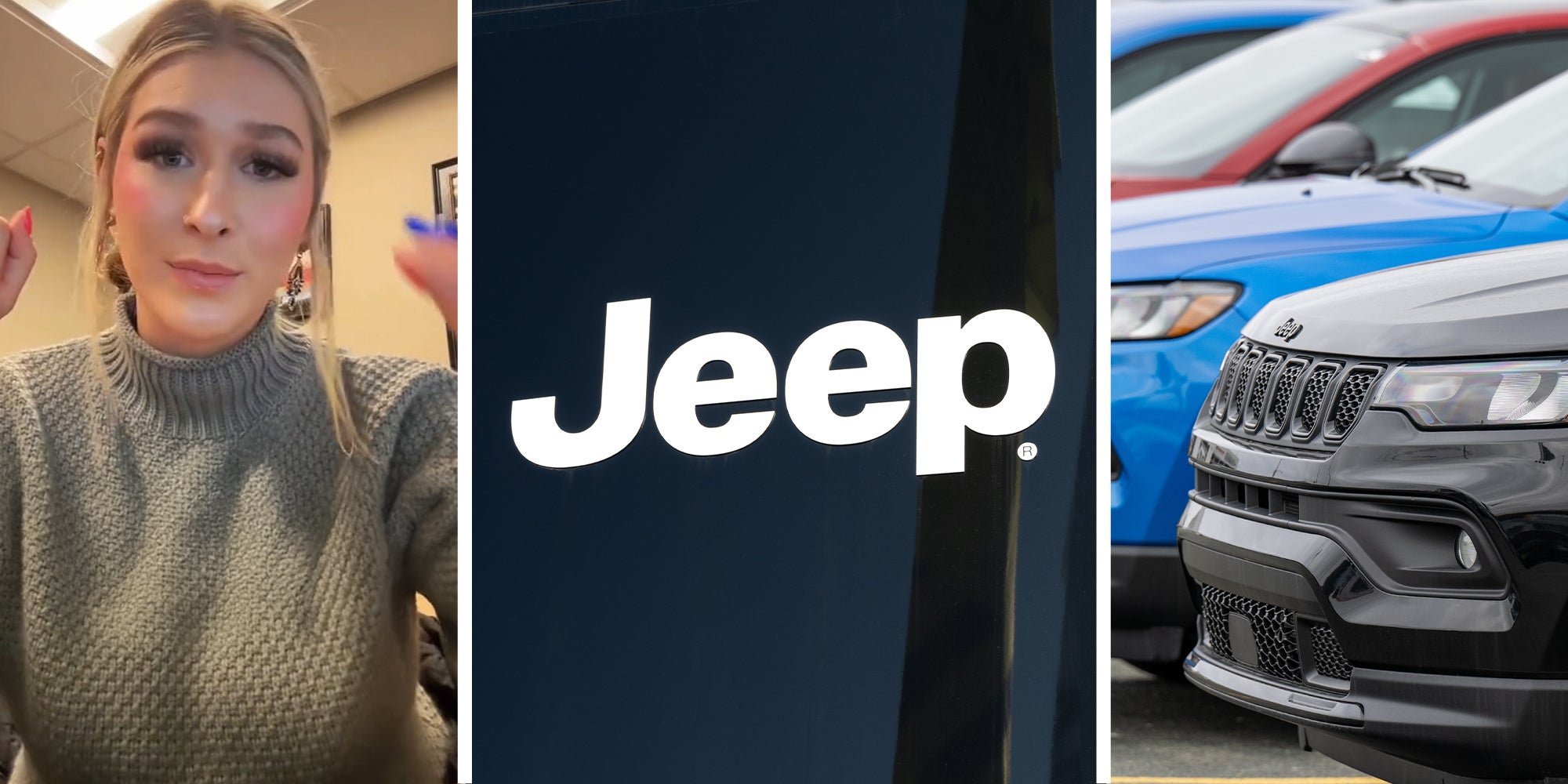 woman sharing information about jeep(l) Jeep Dealer Sign(c) Jeep vehicle in parking lot(r)