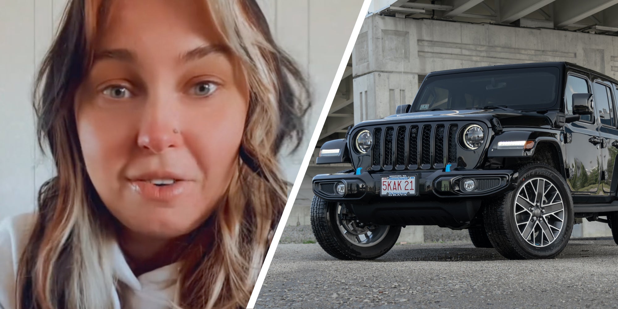Woman talking(l), Jeep wrangler(r)