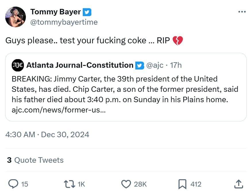 Jimmy Carter meme reacting to the news of the former President's death. Text reads, 'Guys please.. test your fucking coke … RIP (broken heart emoji)'