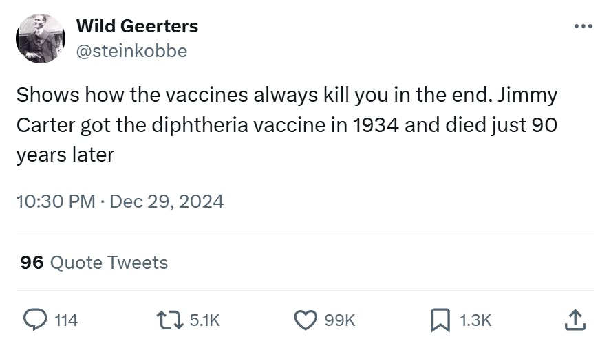 Jimmy Carter meme, text reads, 'Shows how the vaccines always kill you in the end. Jimmy Carter got the diphtheria vaccine in 1934 and died just 90 years later'