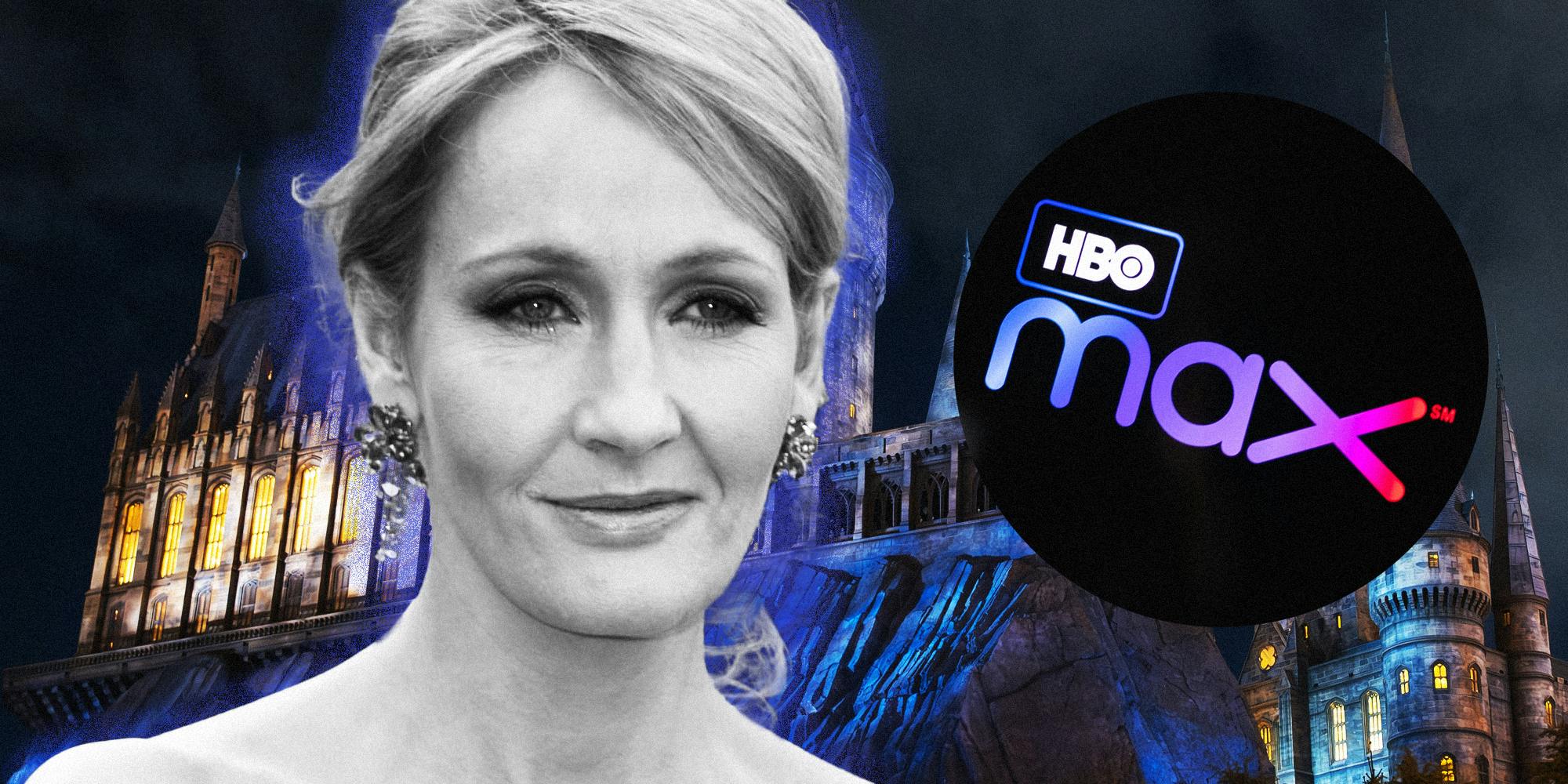 JK Rowling and HBO Max logo in front of hogwarts