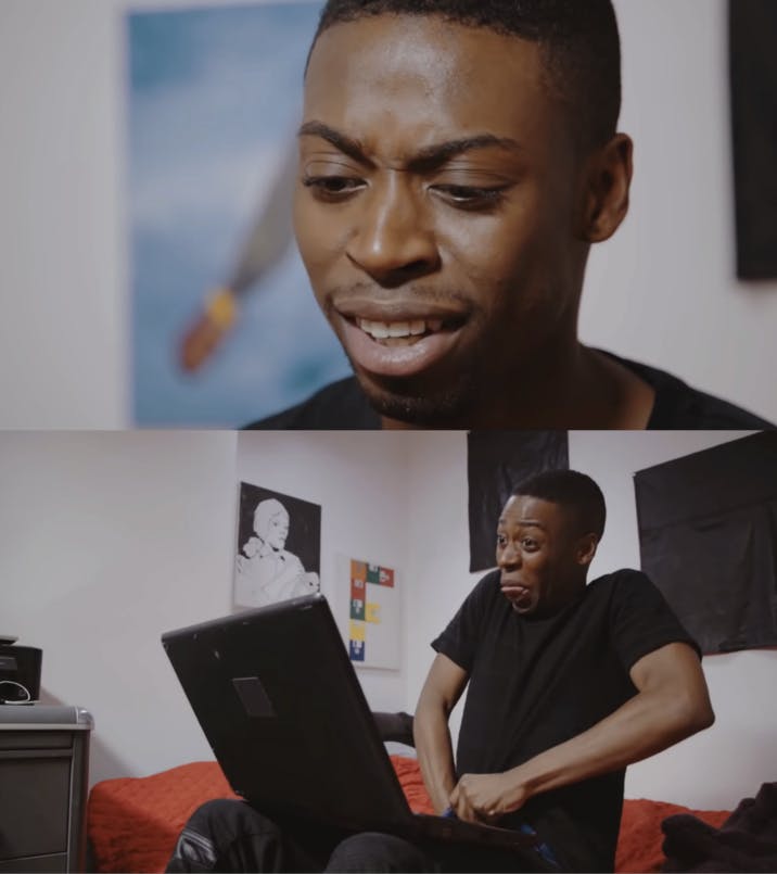 A two-panel image of a man looking down in disgust and then reaching into his pants with a laptop on his lap.