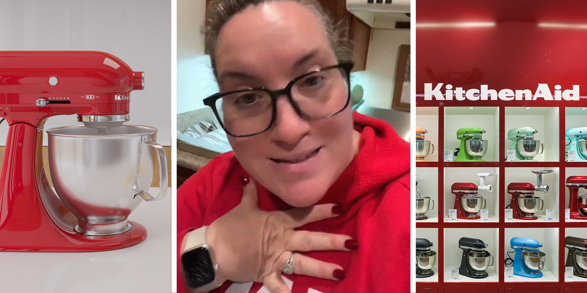 Kitchen Aid Mixer(l) Woman shares KitchenAid Tip(c) Kitchen Aid Product colors on display(r)