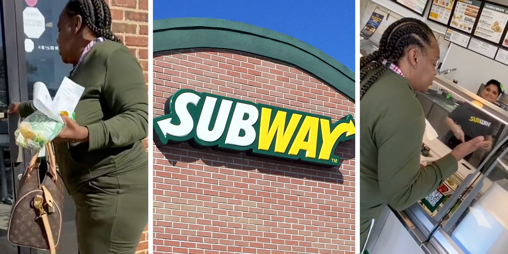 Woman with subway sandwich(l), Subway storefront(c), Woman talking to subway worker(R)