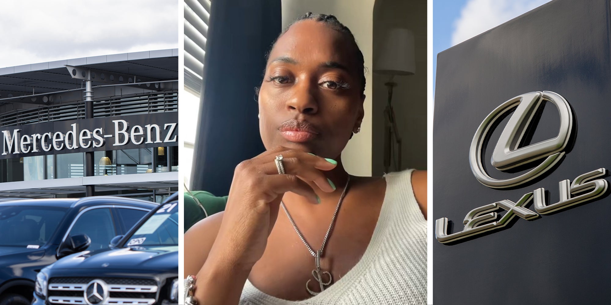 Mercedez Benz Dealer(l) Woman sharing her Lexus Dealer Experience(c) Lexus Sign on Wall(r)