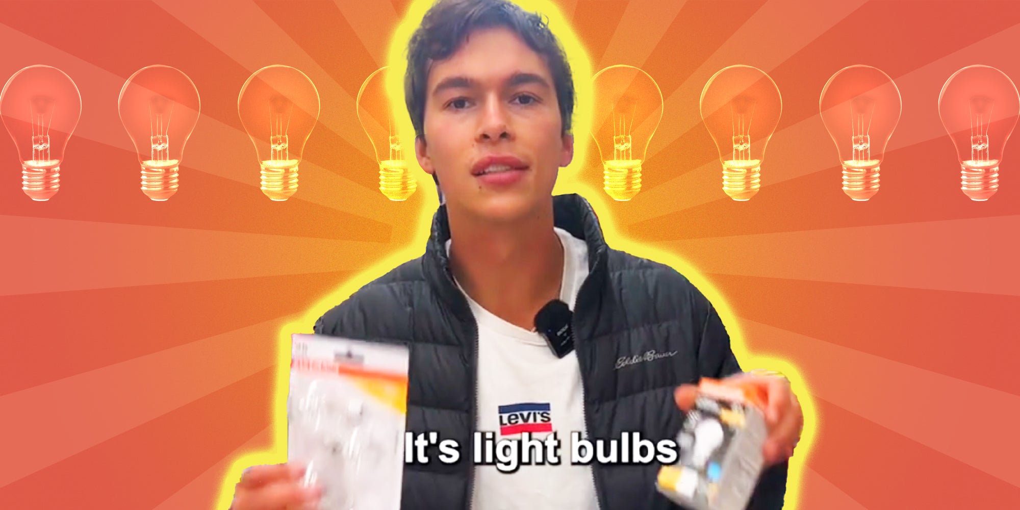 A person stands holding two types of lightbulbs in front of a glowing background. Text over reads: It's light bulbs.