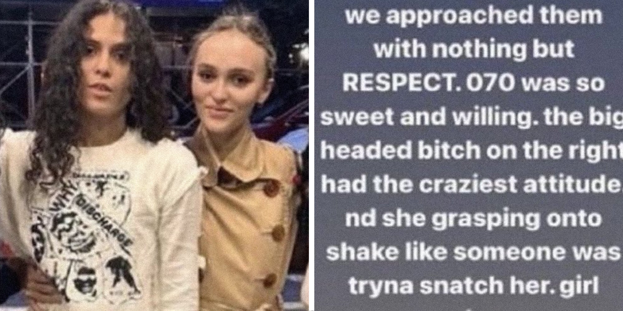 Lily Rose Depp and partner(l), Meme text(r)