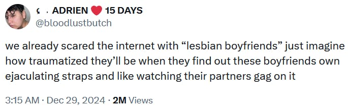 Tweet reading 'we already scared the internet with “lesbian boyfriends” just imagine how traumatized they’ll be when they find out these boyfriends own ejaculating straps and like watching their partners gag on it'