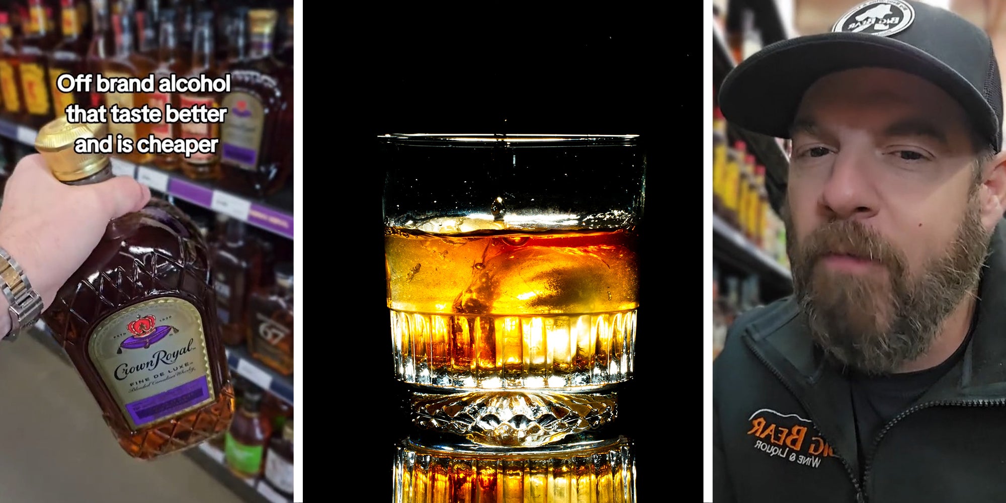 man holding crown royal bottle(l) cup filled with liquor(c) Man sharing best alternative to crown royal(r)