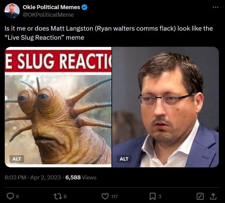 'Is it me or does Matt Langston (Ryan walters comms flack) look like the 'Live Slug Reaction' meme'