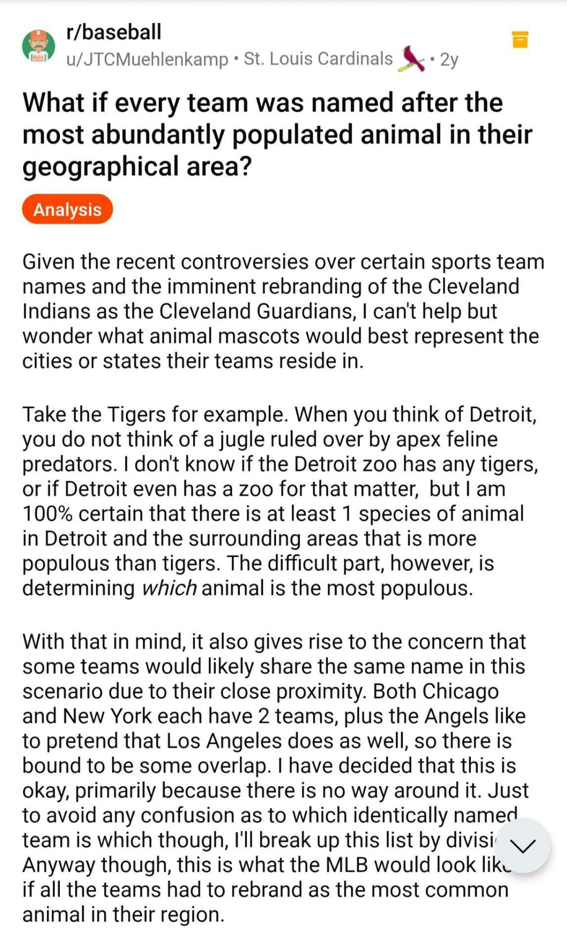 Load-bearing post screenshot featuring a Reddit post from the subreddit r/baseball about baseball teams rebranding to their most common animal in their region: the ant.