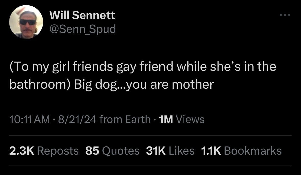 Load-bearing post screenshot. Text reads, '(TO my girl friends gay friend while she's in the bathroom) Big dog... you are mother.'