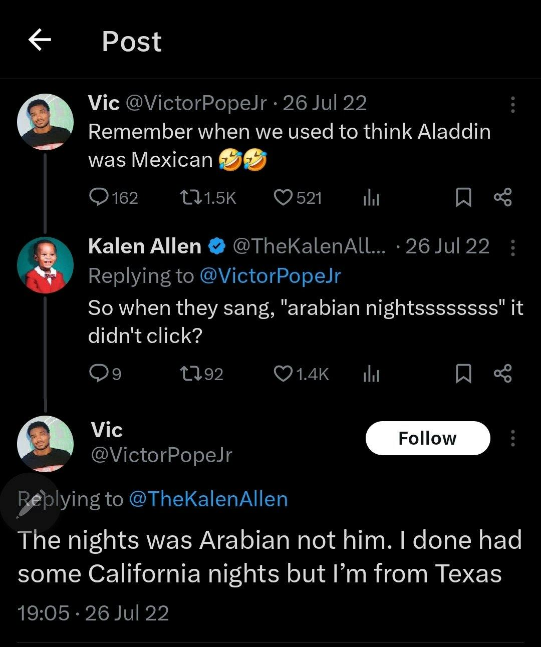 Load-bearing post screenshot about OP thinking Aladdin was Mexican.