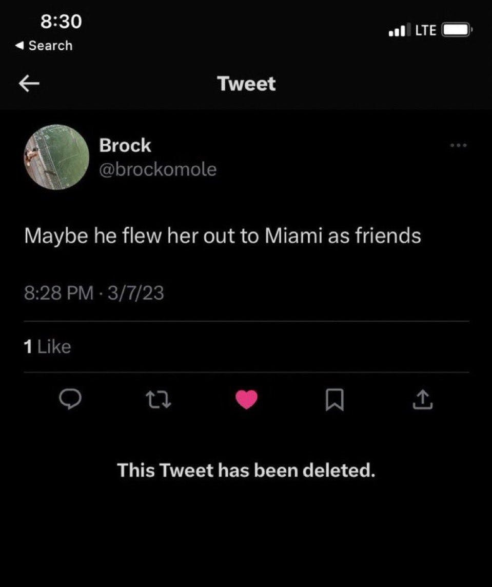 Load-bearing post screenshot. Text reads, 'Maybe he flew her out to Miami as friends.'