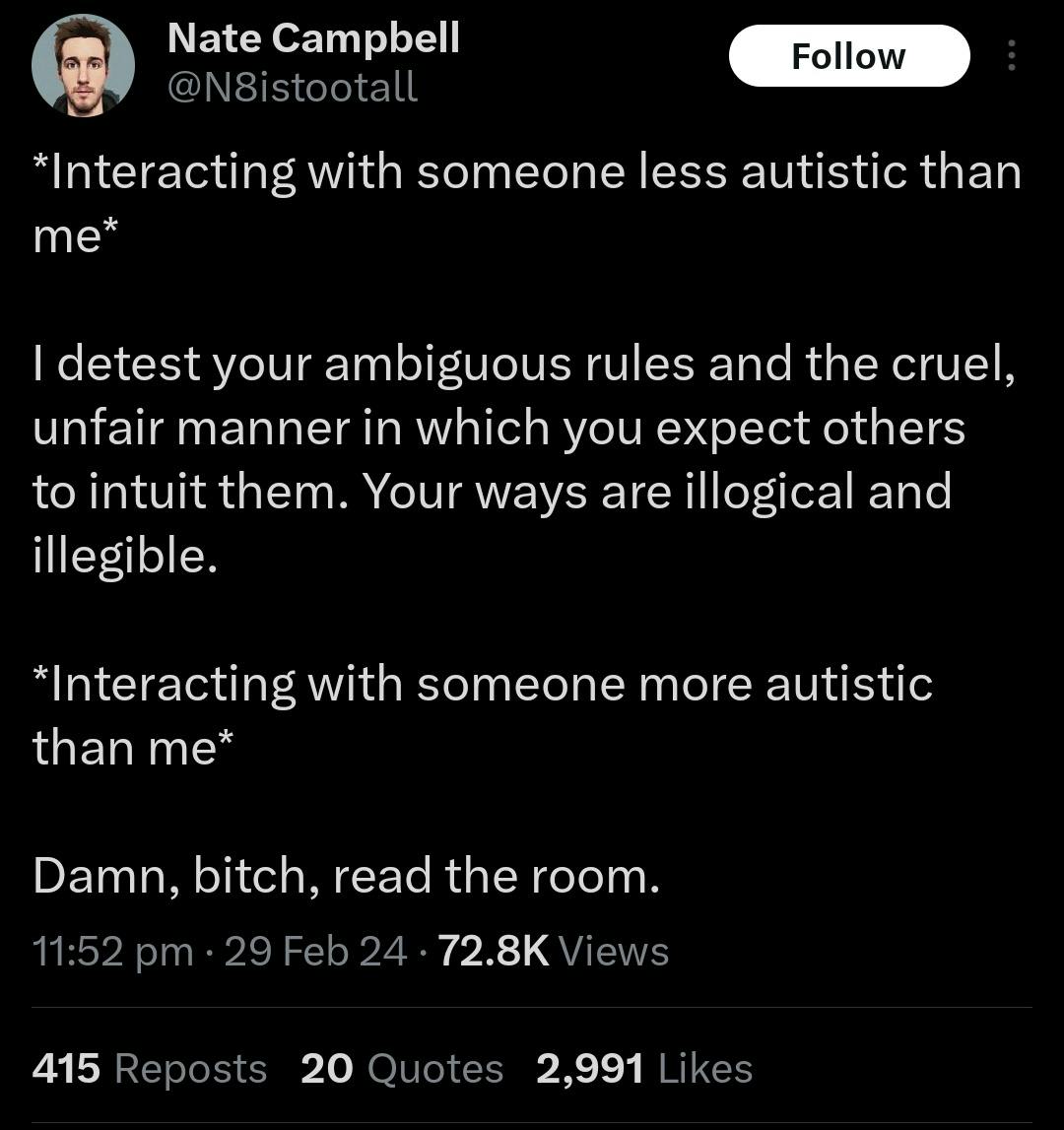 Load-bearing post screenshot about interacting with people who are more or less autistic than OP.