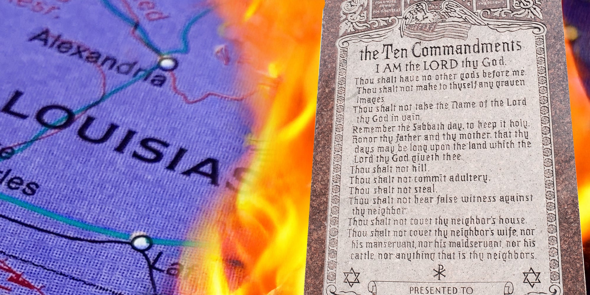 Ten Commandments with flames behind them and a map of louisiana behind that