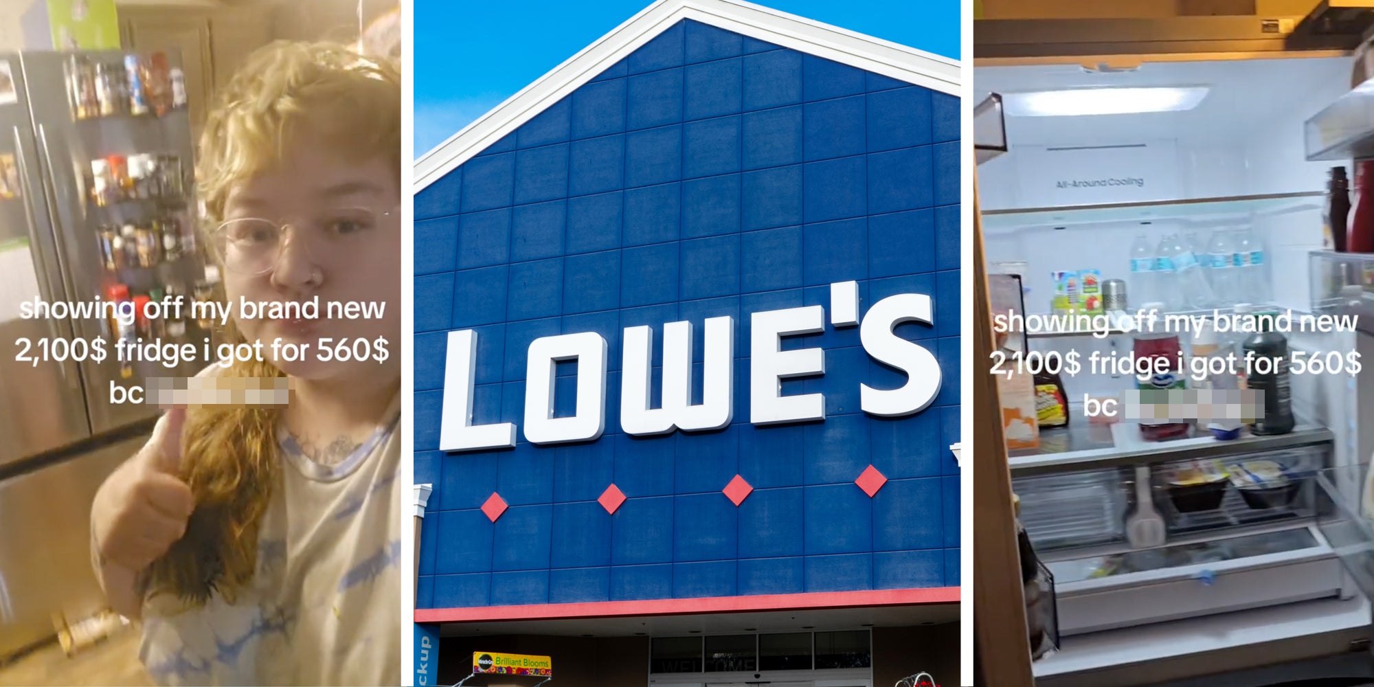 Woman showing off fridge(l), Lowe's storefront(c), Inside of fridge(r)