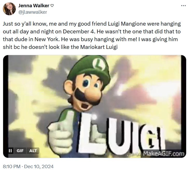 Luigi Mangione Alibi meme with a gif of Nintendo's Luigi doing finger guns.