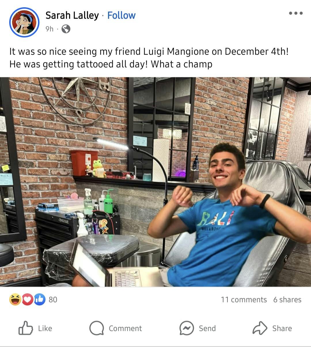 Luigi Mangione Alibi meme with him in a tattoo parlor.