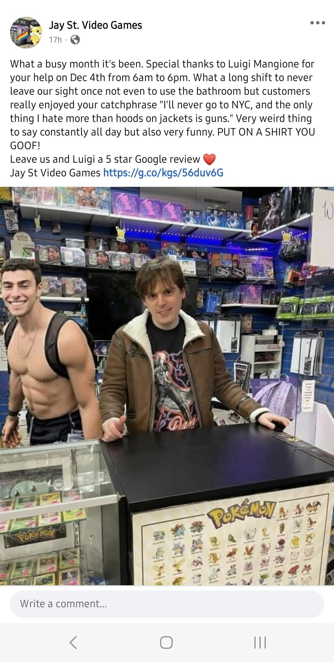 Luigi Mangione Alibi meme with him shirtless in a video game shop.