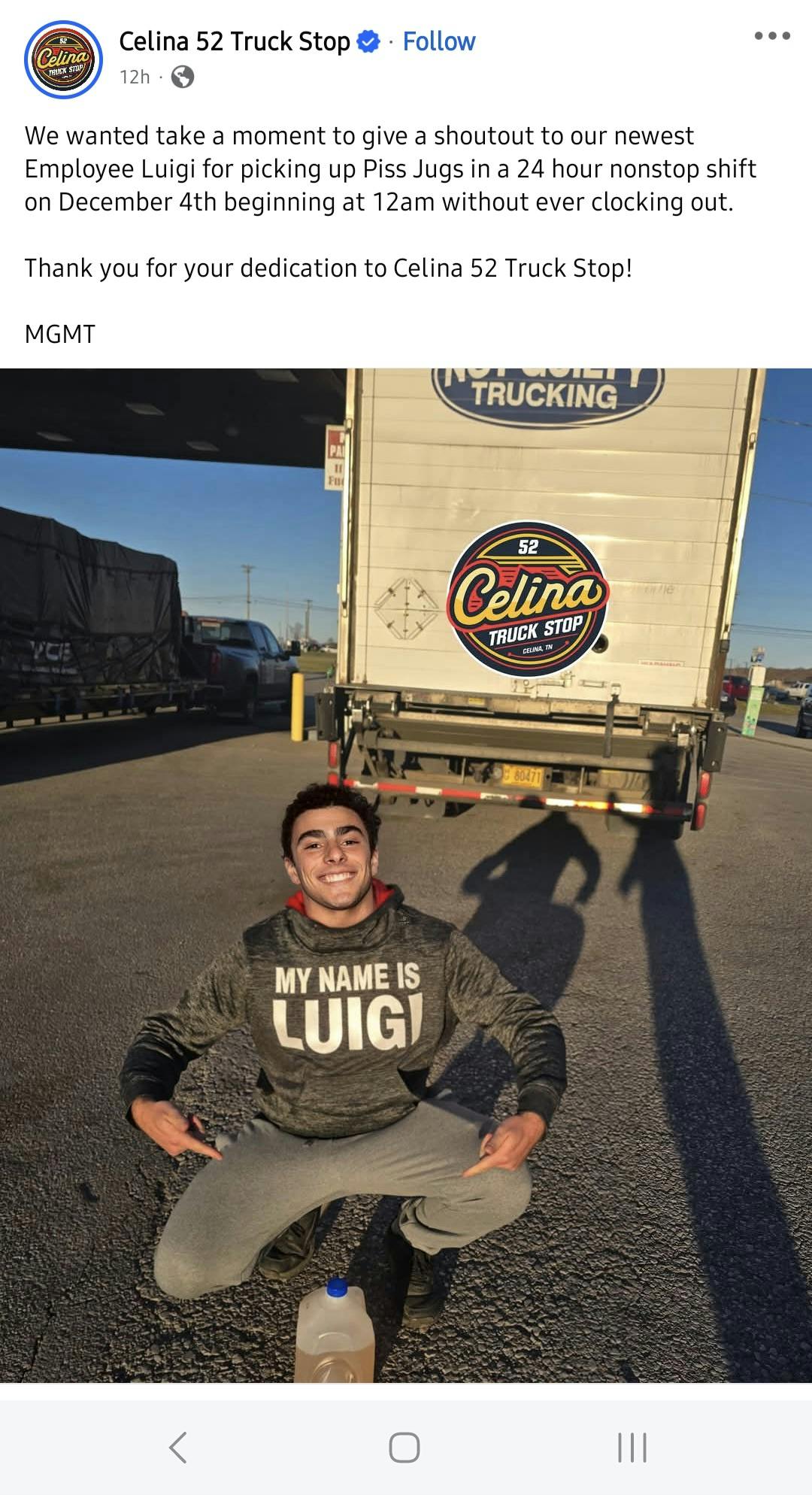 Luigi Mangione Alibi meme with him crouching in front of a truck in a shirt reading 'my name is Luigi.'