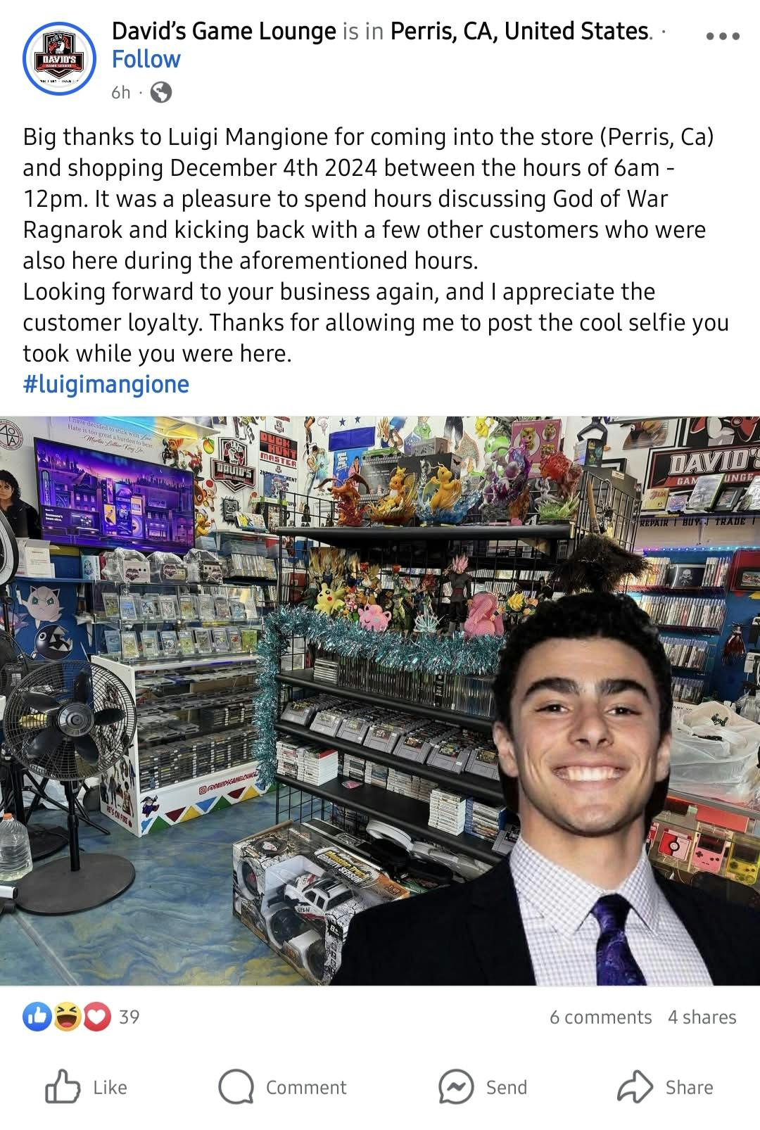 Luigi Mangione Alibi meme with him in a suit smiling in a video game shop.