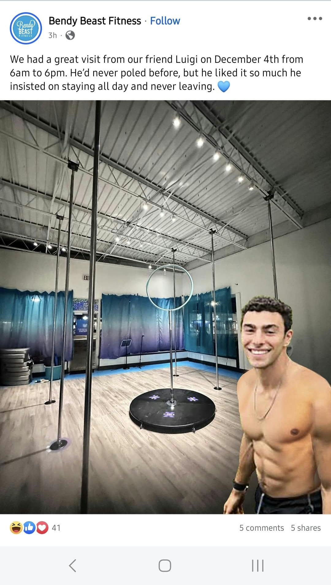 A Photoshopped image of the CEO shooting suspect shirtless in a pole dancing studio.