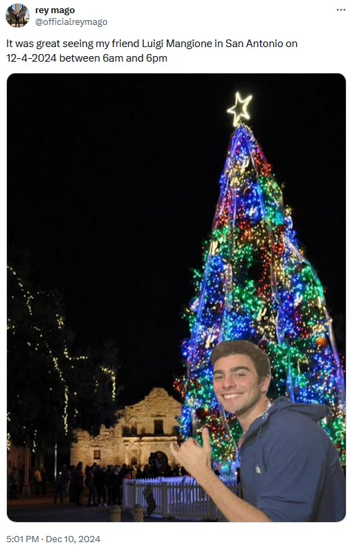 Luigi Mangione Alibi meme with him smiling in front of a lit city Christmas tree in San Antonio.