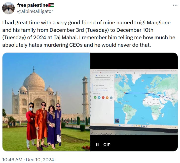 Luigi Mangione Alibi meme with him posing with a family in front of the Taj Mahal and a gif of the flight plan from New York.